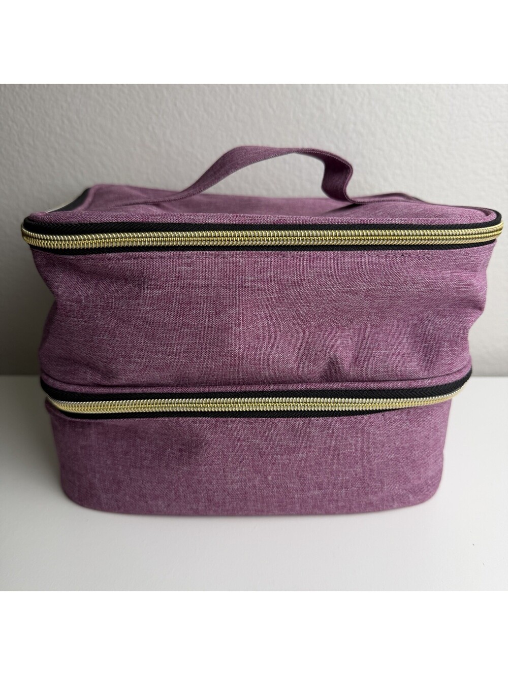 Mauve Purple 2 Tier Travel Makeup Cosmetic Organizer Case Bag Gold Zipper